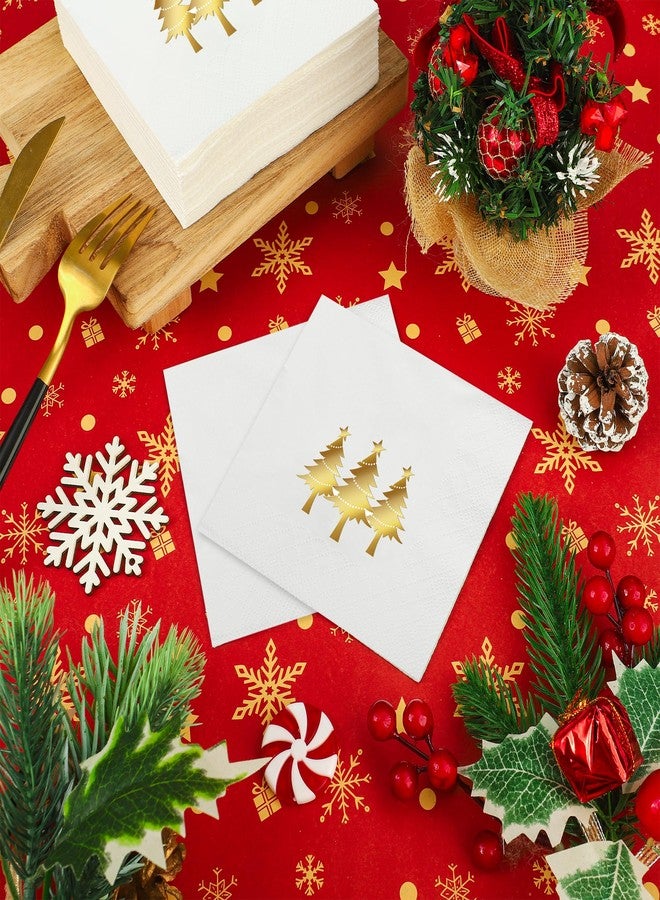 peony man 100 PCS Christmas Cocktail Napkins Christmas Gold Foil Paper Napkin Xmas Tree Disposable Napkins 3 Ply White and Gold Beverage Napkin for Xmas Holiday Kitchen Dinner Party Supplies, 5 x 5 Inch - Image 5